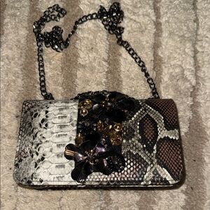 Elegant Floral Embellished Snake Print Bag